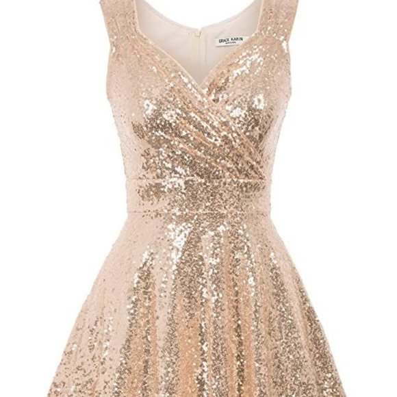 Gold Sequin V-Neck Dress - Picture 1 of 5
